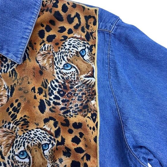 VTG  Denim Leopard Cheetah Shirt Quacker Factory SS Button Jungle Safari Large - Picture 4 of 12